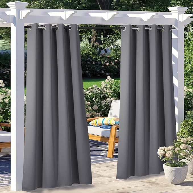 NICETOWN 2 Panels Patio Outdoor Curtains Grey Waterproof, Thermal Insulated Stainless Steel Ring Top Blackout Outdoor Indoor Window Drapes for Gazebo/Playground, W52 x L95 Inch, Grey NICETOWN