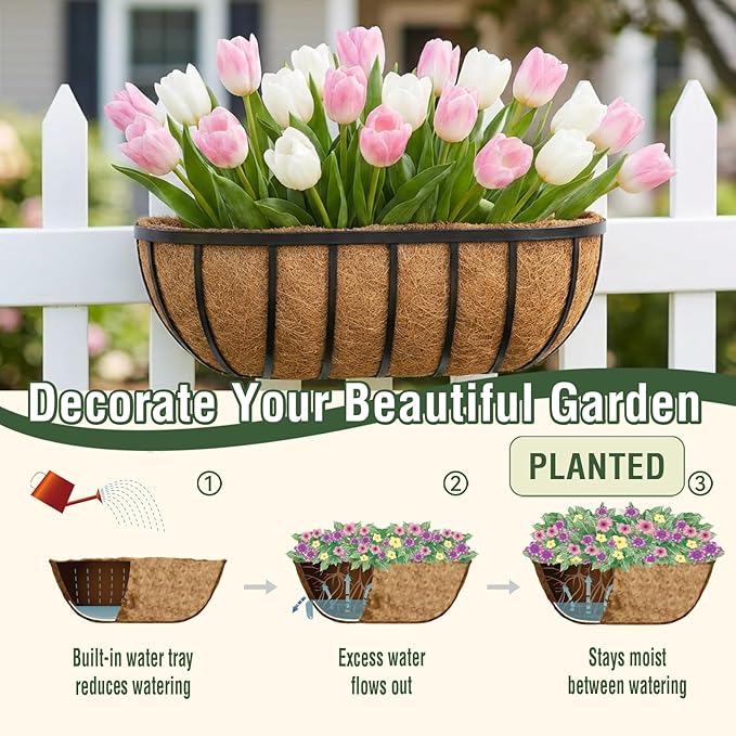 4 Pcs 36 Inch Trough Coco Liner for Window Box, 100% Natural Half Moon Coconut Coir Planter, Replaceable Coconut Fiber Liner for Window Boxes & Fence Flower Baskets (4, 36 inch) Rootora