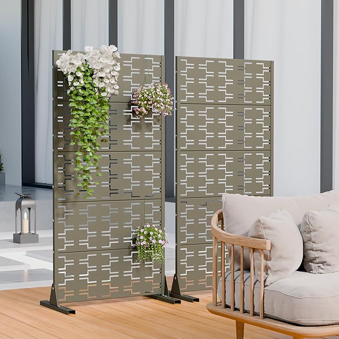 Casaphoria Metal Privacy Screen Outdoor, 60" x 30" W Freestanding Decorative Privacy Screen for Patio Deck Balcony Garden with Stable Base, Green-Brick Casaphoria