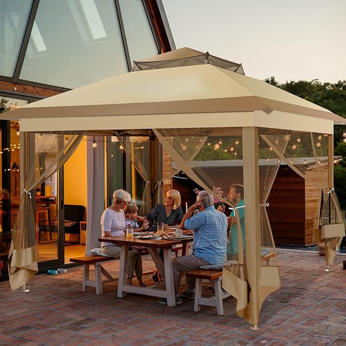 COBIZI 11x11 FT Pop up Gazebo Canopy Tent - Outdoor pop up gazebos on Clearance,carpas para Patio,Shelter - Screen Tents with Portable Carry Bag,Patio Gazebos for Camping,Garden,Deck,Backyard,Khaki COBIZI