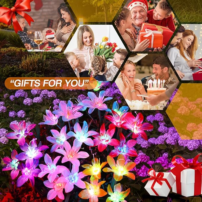 Aukora Solar Garden Lights Outdoor 5 Pack, 5 Colors Lily Flowers & 7-Color Changing Slide Beads Waterproof for Outside Pathway Patio Yard Decorations ＆ Mother's Day Gift, Red Yellow Blue White Purple AUKORA