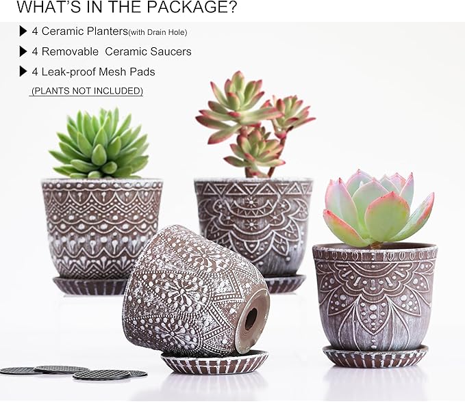 Gepege Succulent Pots, 4 Inch Small Indoor Ceramic Planter Pot with Drainage Holes and Saucers for Plants - Set of 4 Gepege