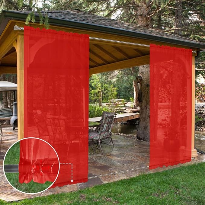 SpaceDresser Waterproof Outdoor Sheer Curtains for Patio - 4 Panels Rod Pocket Indoor Voile Sheer Curtain for Living Room,52W x 96L inch, Red SpaceDresser