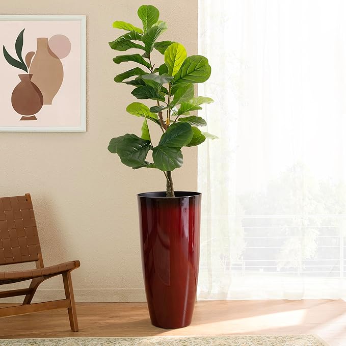 Glitzhome 30" H Oversized Tall Planter, Set of 2 Large Outdoor Planters with Drainage Holes, Gradient Red Faux Ceramic Finish, Large Flower Pots Plastic Plant Pots for Indoor Outdoor Front Door Patio Glitzhome