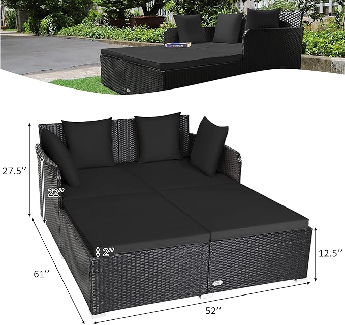 Tangkula Outdoor Rattan Daybed, Wicker Furniture with Spacious Seat, Upholstered Cushion & High-Resilience Sponge, Patio Sofa Set with 4 Pillows, 2-Person Sunbed for Poolside Backyard Garden & Balcony TANGKULA