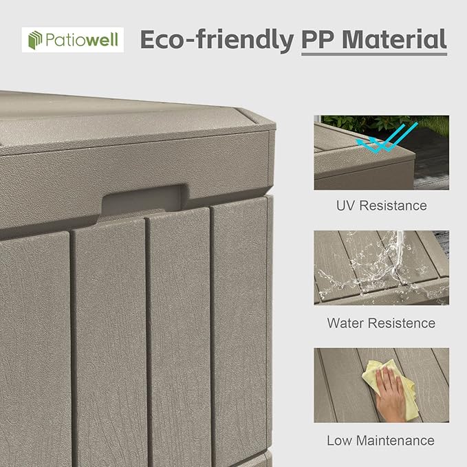 Patiowell 82 Gallon Resin Deck Box, Waterproof Large Wood Look Storage Box for Patio Furniture, Pool Accessories, Garden Tools and Sports Equipment, Lockable, Light Brown Patiowell