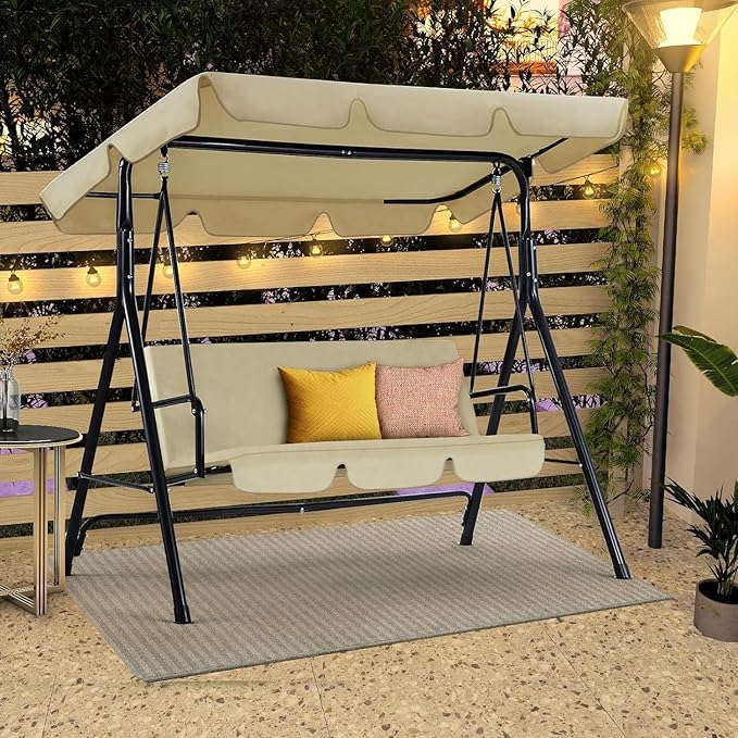 AECOJOY Porch Swing with Stand, 3-Seat Outdoor Clearance Porch Swings for Adults, Outdoor Patio Swing with Adjustable Canopy & Removable Cushion for Backyard, Garden, Balcony, Beige AECOJOY