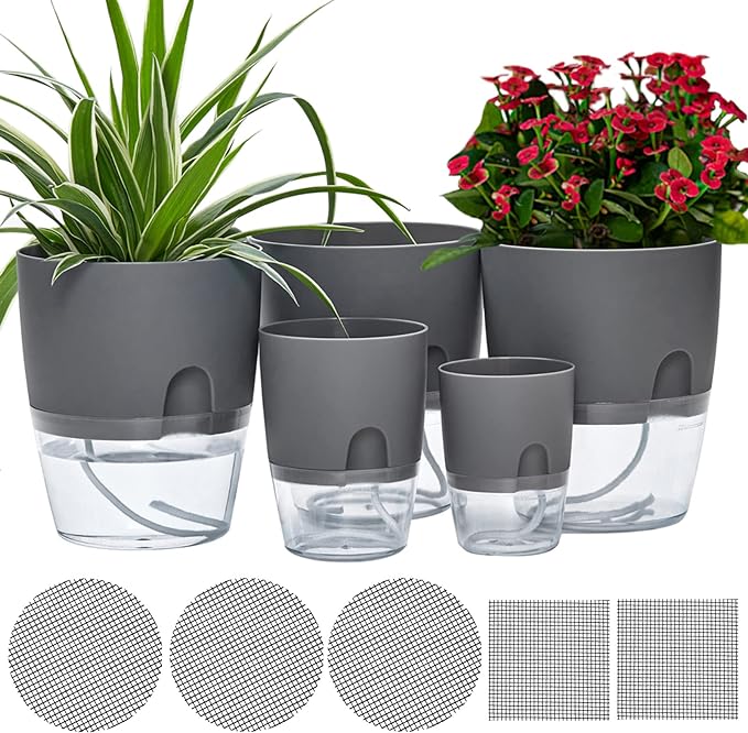 6/4.1/3.2 Inch Self Watering Planter Pots, 5 Pack African Violet Pots for Indoor Outdoor Windowsill Gardens, Self Aerating, High Drainage, Deep Reservoir(Gray) ETGLCOZY