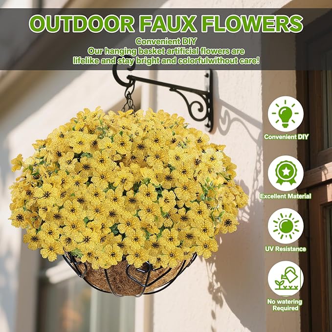 Artificial Flowers for Outdoor,Silk Flowers No Fade Fake Plastic Flowers UV Resistant Faux Plants for Outdoors Outside Front Porch Hanging Planter Window Box Garden Home Decoration,13 Pack(Yellow) LetuoClipsClipsandHooks