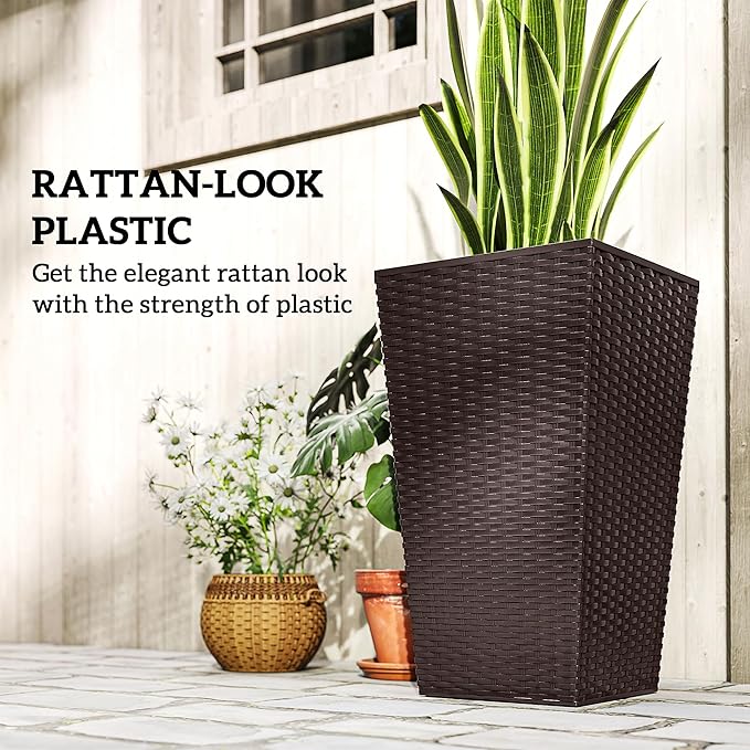 Outsunny Tall Planters for Outdoor Plants Set of 3, 24 in Taper Planters with Drainage Holes, Rattan Decor Plant Pots for Indoor Outdoor Front Porch Patio Backyard, Brown Outsunny