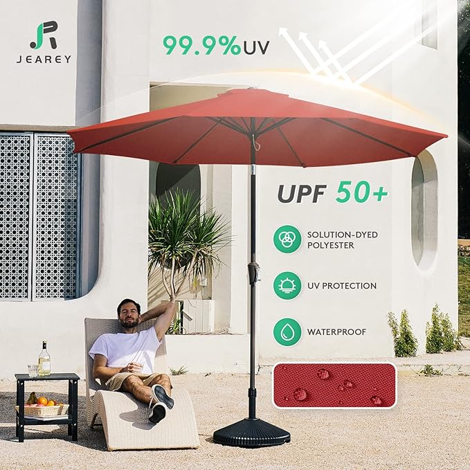 JEAREY 9FT Outdoor Patio Umbrella Outdoor Table Umbrella with Push Button Tilt and Crank, Market Umbrella 8 Sturdy Ribs UV Protection Waterproof for Garden, Deck, Backyard, Pool (Red) JEAREYOutdoorsCollection