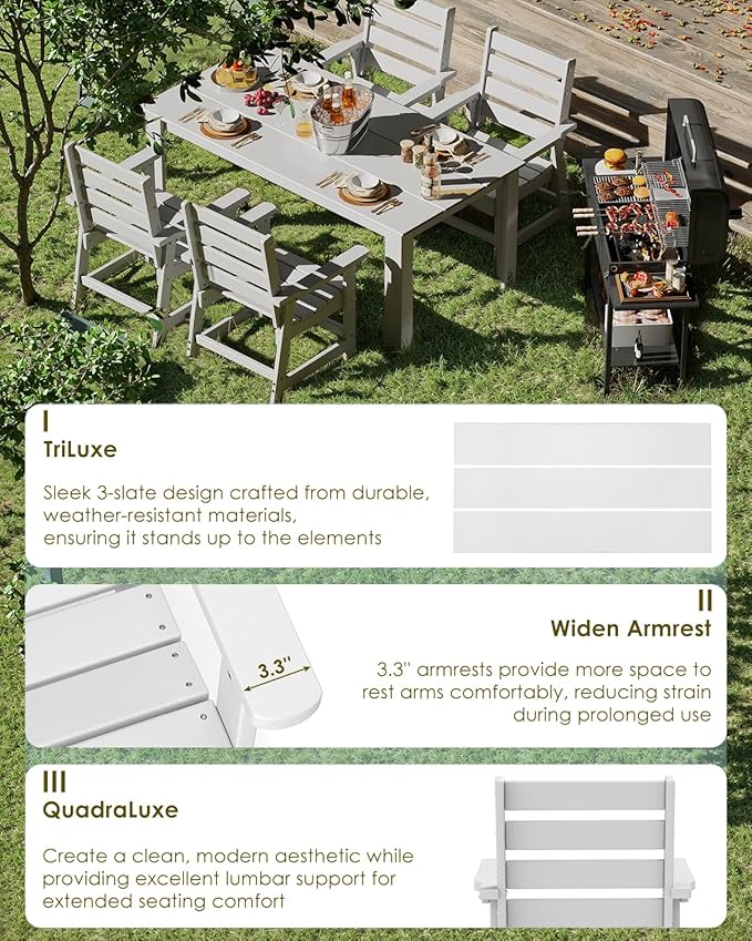 GREENVINES 7-Piece Outdoor Dining Set | HDPE | Patio Table and Chairs Sets for 6 | Patio Furniture | All Weather | Umbrella Hole | White | for Backyard Poolside Garden GreenVines