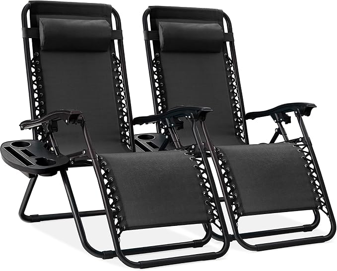 Best Choice Products Set of 2 Adjustable Steel Mesh Zero Gravity Lounge Chair Recliners w/Pillows and Cup Holder Trays - Black BestChoiceProducts