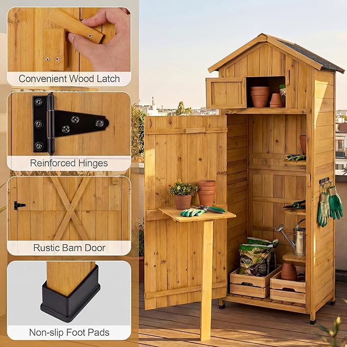 Goplus All-in-One Storage Shed, 70" Tall Wooden Lockable Cabinet w/Foldable Work Table, Vertical Utility Tool Organizer w/Shelves & Hooks, Waterproof Garden Shed for Patio Backyard (Natural) Goplus