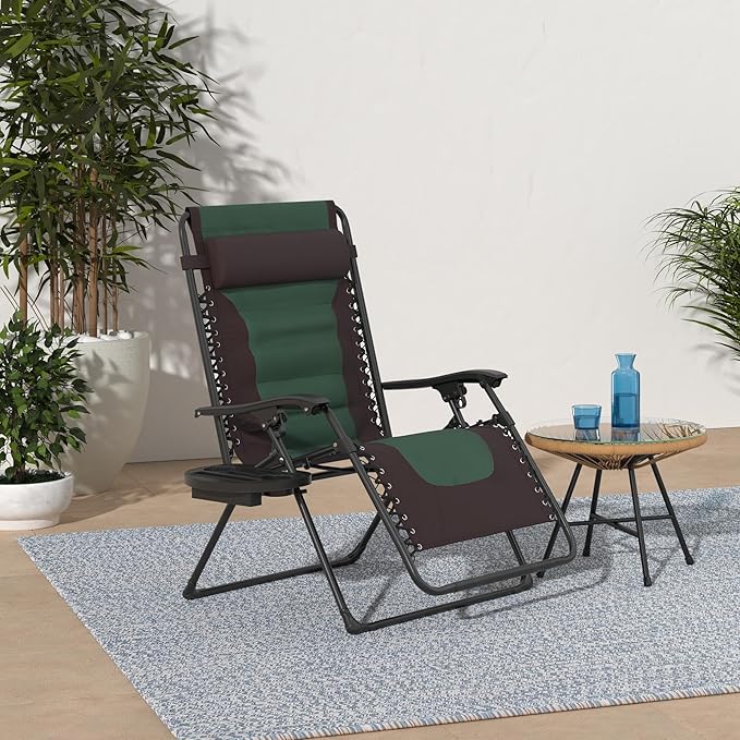 Best Choice Products Oversized Padded Zero Gravity Chair, Folding Outdoor Patio Recliner, XL Anti Gravity Lounger for Backyard w/Headrest, Cup Holder, Side Tray, Polyester Mesh - Espresso/Green BestChoiceProducts