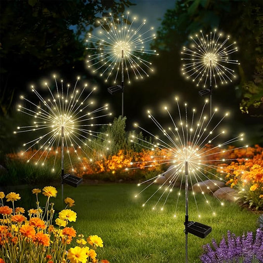Solar Garden Lights Outdoor Decorative, 4pack 120 LED Firework Lights Waterproof，Solar Fairy Lights for Outside,Garden,Yard, Patio,Pathway,Flowerbed,Party(Warm White) Rootora