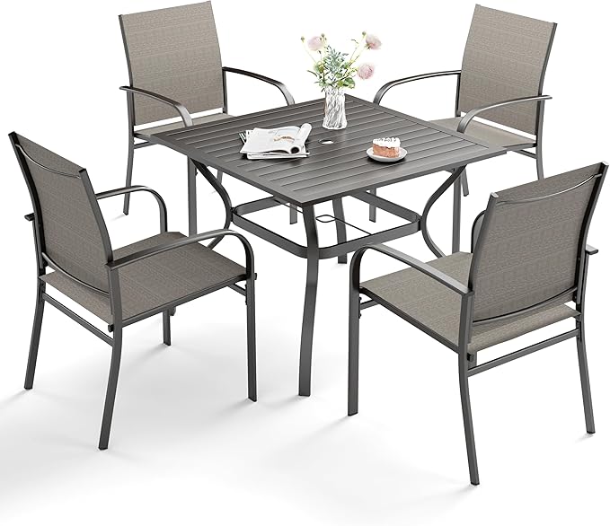 5 Piece Patio Dining Set for 4, 37”x37” Square Table with Umbrella Hole, 4 Metal Brown Chairs, Outdoor Table and Chairs Set for Lawn Backyard and Deck SUNSHINEVALLEY