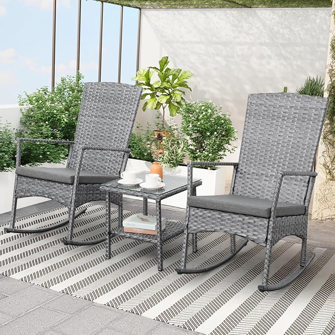 Outdoor Rocking Chair 3 Pieces High-Backed Rocking Chair Patio Rocking Chairs Outdoor Table and Chairs Anti-Slip Cushions Dark Grey Rootora