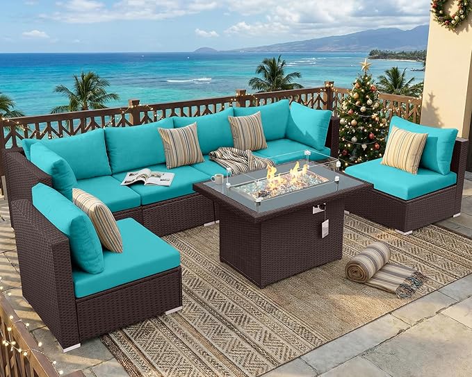 NICESOUL 7 Piece Outdoor Furniture Set with Firepit Natural Gas & Propane, Plus Size Big Modern Patio Conversation Couch, 29.3 High Back Comfy Sectional Sitting Group, Brown Rattan and Teal Cushoin NICESOUL