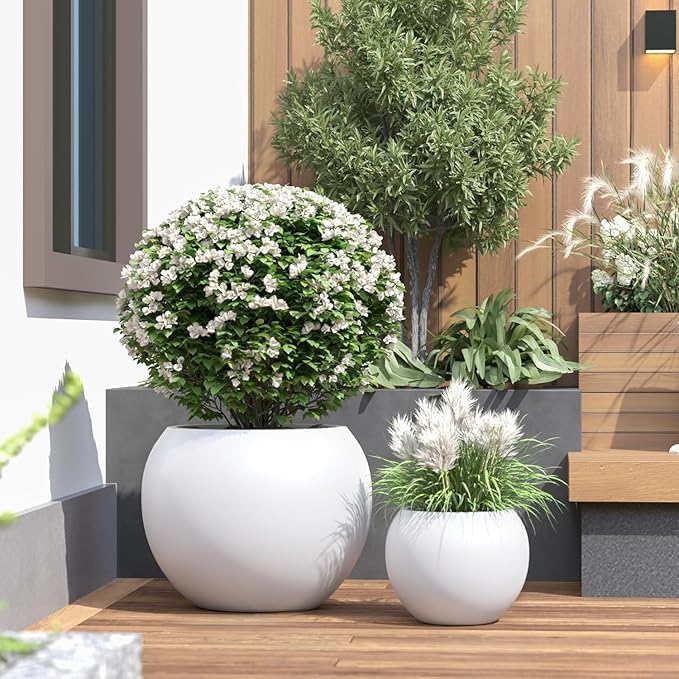 10 H x 14" Dia (10" Pot Opening) Round Fiberstone Planter with Drainage Hole, White, Indoor/Outdoor Large Plant Pot for Home Patio Garden, Ideal for Large Plants Panlaolao