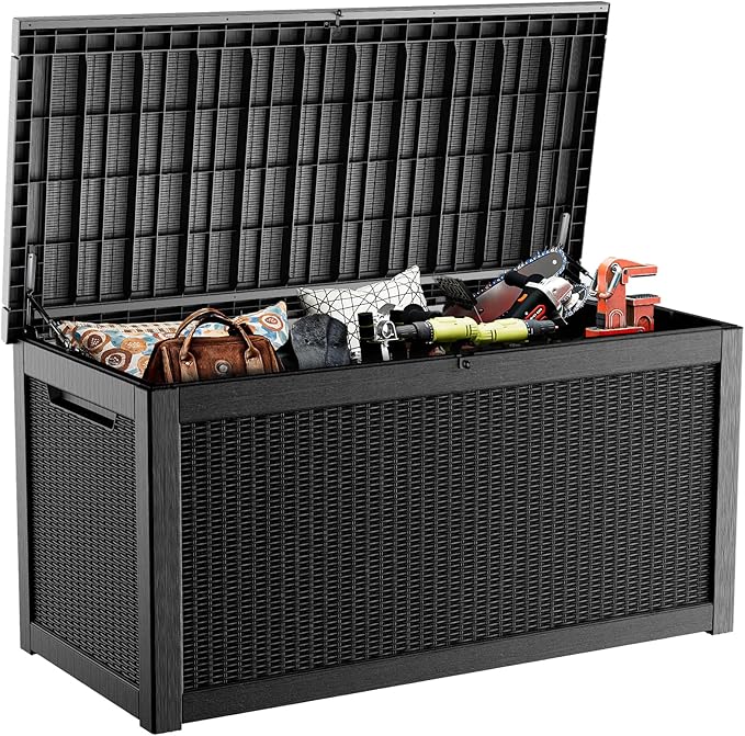 320 Gallon Resin Deck Box, Lockable Weatherproof Outdoor Storage Box for Furniture, Garden Tools and Tools Storage, Waterproof Outside Storage Boxes - Black OutdoorLivingPerfected