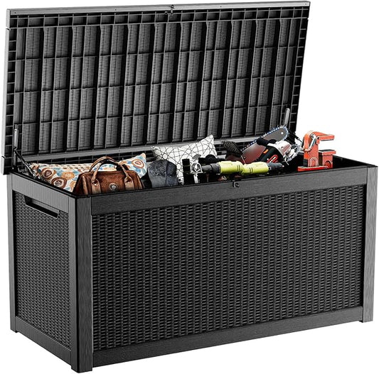 320 Gallon Resin Deck Box, Lockable Weatherproof Outdoor Storage Box for Furniture, Garden Tools and Tools Storage, Waterproof Outside Storage Boxes - Black OutdoorLivingPerfected