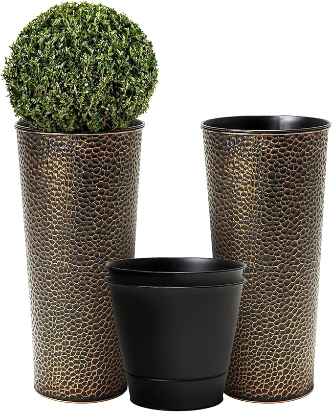 Worth 2 Pack 25" Tall Narrow Metal Planter with Inside Pot for Indoors or Outdoors, Deck, Patio or Front Porch, Hand-Hammered Texture, Bronze WORTH