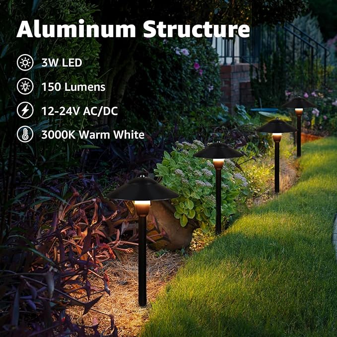 SUNVIE LED Low Voltage Landscape Lights 3W Cast-Aluminum Pathway Lights Low Voltage 12-24V Waterproof Landscape Path Lights 3000K Landscape Lighting for Yard Garden Walkway ETL Listed Cord, 12 Pack SUNVIE