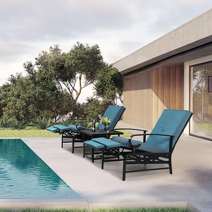 Oakcloud Adjustable Outdoor Lounge Chair Metal Patio Relaxing Recliner Chair with Removable Cushions(Peacock Blue) OckcloudPatioFurniture