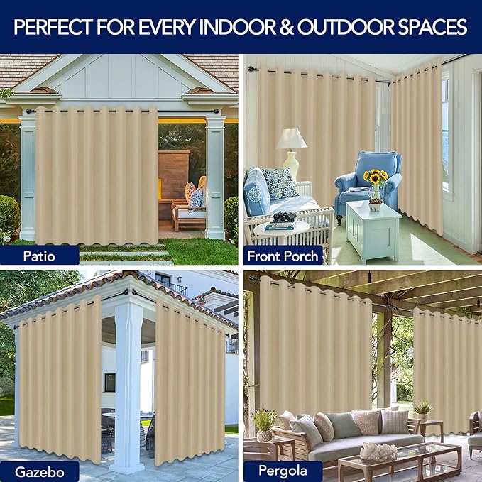 PureFit Outdoor Curtains for Patio Waterproof Weatherproof, UV Resistant Outside Curtains for Gazebo, Front Porch, Pergola, Sun Blocking Privacy Curtain, 120W x 84L inch, 1 Panel, Beige PureFit