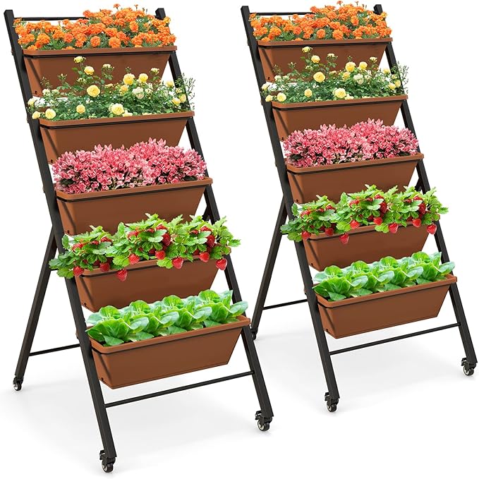 Giantex 2 Pcs Vertical Planter Raised Bed on Wheels, Elevated Garden Beds with Water Drainage Hole, Freestanding 5 Container Boxes for Herb Vegetables Flowers Growing, Outdoor Indoor Patio Balcony Giantex