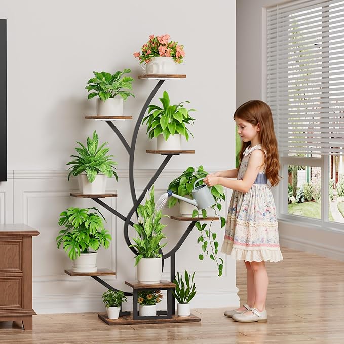 Plant Stand Indoor with Grow Lights - 8 Tiered Corner Plant Shelf Indoor, 50" Tall Lighted Plant Stand for Indoor Multiple Plants, Flower Stands Display Rack Holder for House, Patio, Black EVAWOO