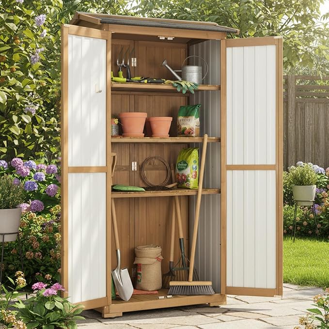 Storage Cabinet Outdoor Garage Cabinets with 3 Adjustable Shelves, Lockable Door, Wood & Metal Weather-Resistant Pantry Cabinet for Patio Garden Home Farm (33.3" Lx 21" Wx 69" H) PETSCOSSET