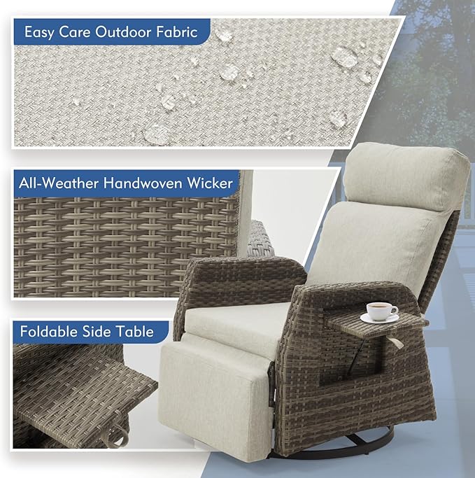 Adjustable Outdoor Recliner Chair with Independent Backrest & Footrest, Patio Swivel Recliner Chair, Wicker Reclining Patio Chair w/Flip-Up Table, Air Pump 155° Lay Flat Chaise Lounge, Gray Rootora