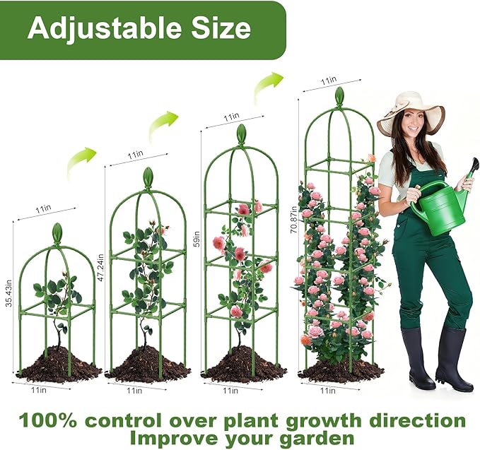 2 Pack Garden Obelisk Trellis, 70IN Tall Plant Support for Climbing Vine, Metal Covered Plastic Rustproof Heavy Duty Rose Trellis Indoor Outdoor (Green, 70 * 11.8 * 11.8IN（H*W*L）) Laodier