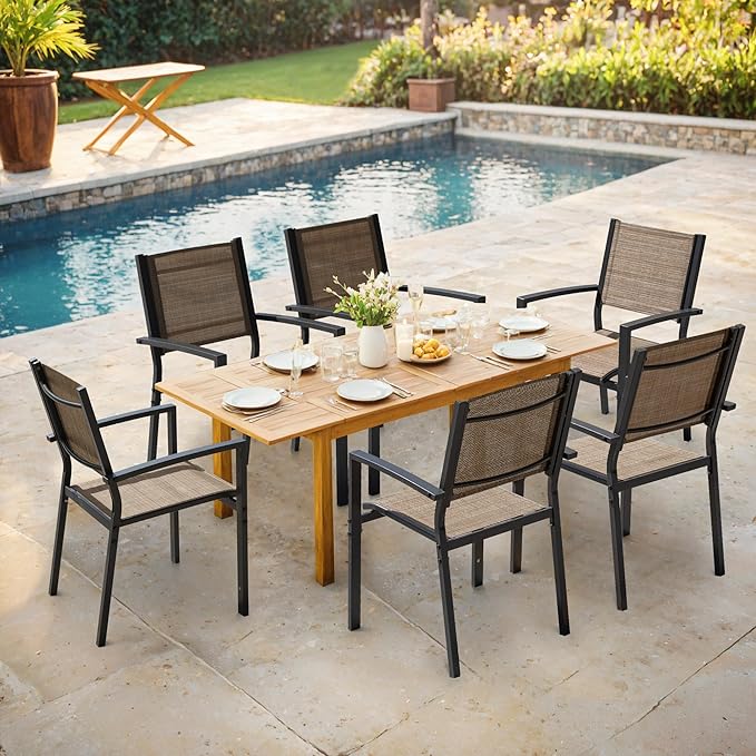 Flamaker Patio Chairs Textilene Outdoor Chairs Set of 6 Stackable Dining Chair for Backyard, Deck, Poolside (Beige) Flamaker