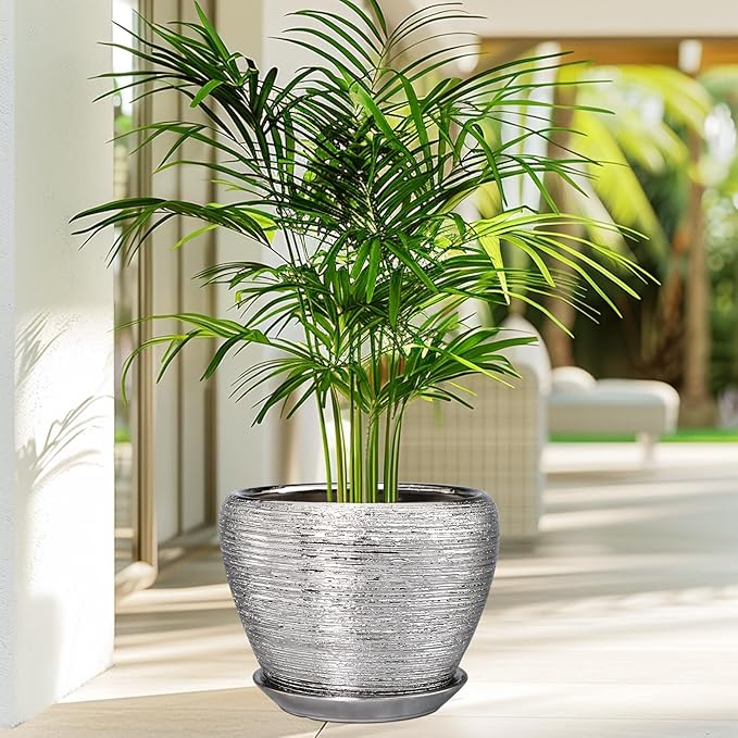 Pot for Plants 8 Inch - Ceramic Plant Pot Indoor with Drainage Hole and Saucer Decorative Planter for Indoor Plants Modern Round Flower Pot for Home Decor Silver Ceramicfor
