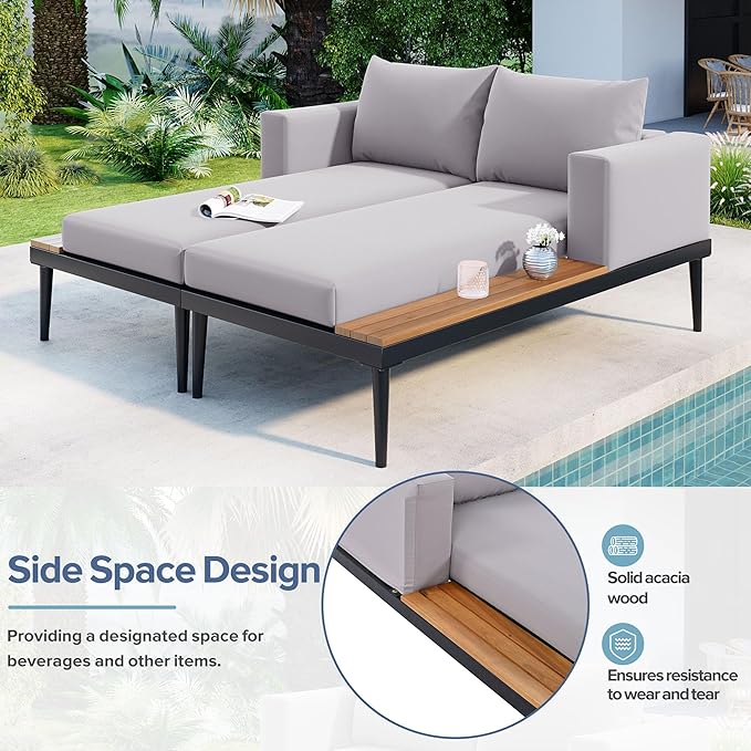 Outdoor Double Metal Daybed, with Wood Topped Side for Drinks, 2 in 1 Padded Sun Lounger with Cushions & Pillows, Patio Chaise Lounge Chair for Poolside Lawn Garden, Gray RuiSiSi
