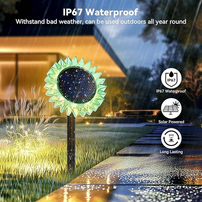 Outdoor Solar Lights, 4 Pack Led Solar Sunflower Lights, Stake/Wall 2-in-1 Waterproof Solar Garden Lights for Yard, Landscape, Fence, Patio, Driveway, Pathway, Backyard Decoration (Warm White) GIUNN