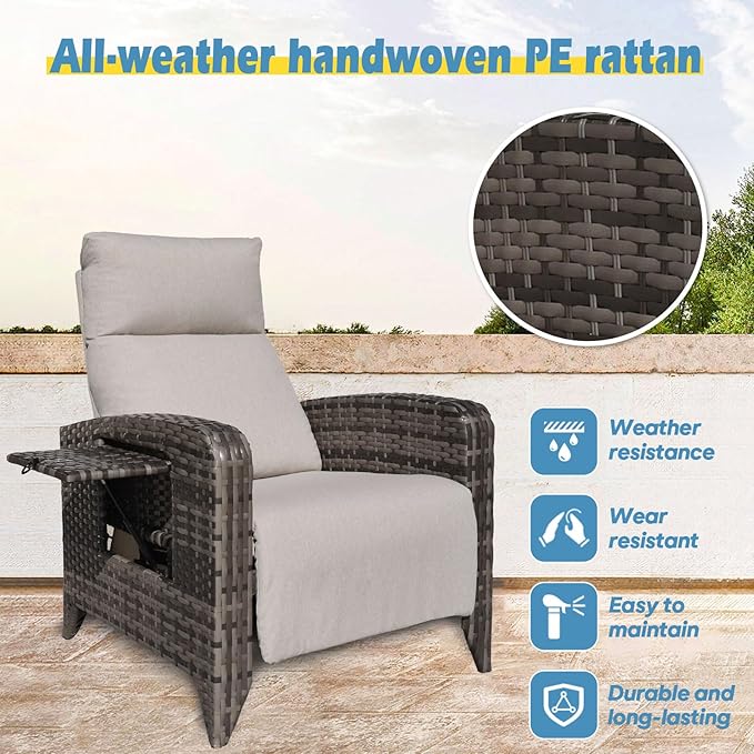 Outdoor Recliner Chairs Set of 2 Reclining Patio Chairs with Adjustable Back and Extended Footrest Wicker Rattan Recliner Chairs with Flip Table and Removable Cushion zzw