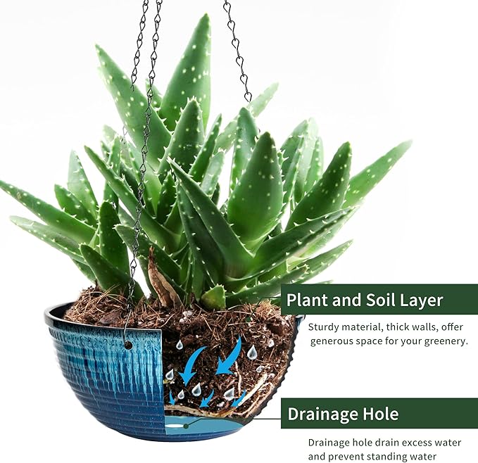 12 inch Hanging Planters for Indoor Outdoor Plants, 2 Pack Large Hanging Flower Pots with Drainage Holes and Chain, Glazed Hanging Baskets for Home Garden Decoration (Blue Flow Glaze) Vanslogreen