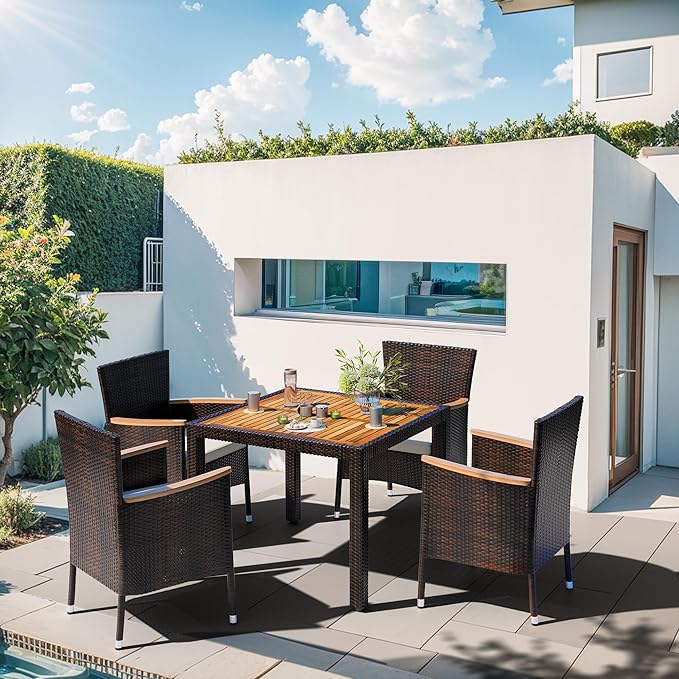 Shintenchi 5 PCS Patio Dining Set, Wicker Outdoor Table and Chairs with Soft Cushions, Patio Furniture Set with Wood Table Top for Backyard, Deck and Garden, Brown Rattan Shintenchi