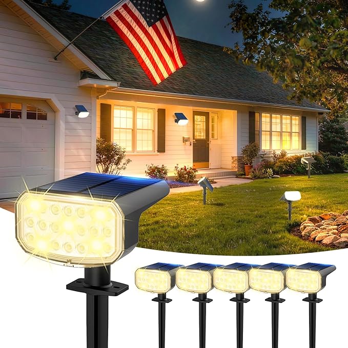 Solar Lights Outdoor Waterproof IP65, Super Bright LED with Lens, 3000K 2 Lighting Modes, Solar Powered Yard Garden Solar Spot Lights for Outside Landscape Auto On/Off -6 Pack JEJOT