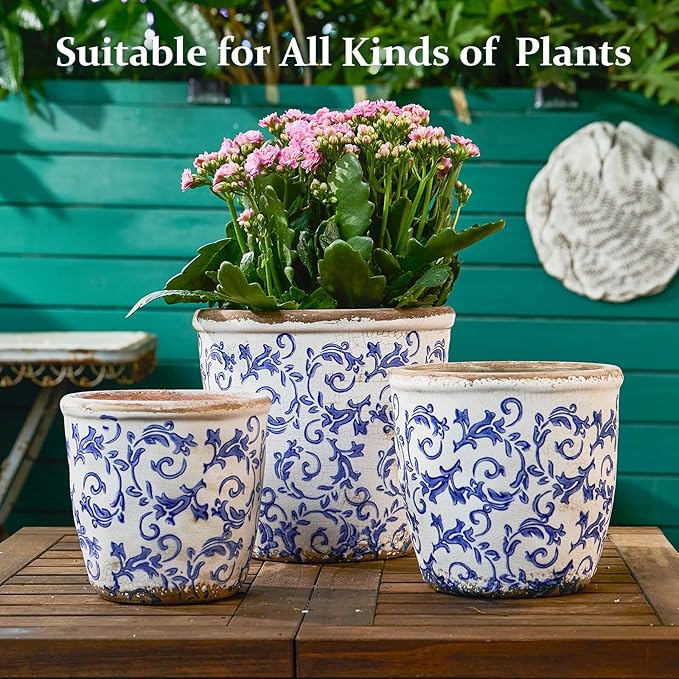 Vintage Ceramic Planter Without Drainage Hole, 6.5 Inch - Indoor/Outdoor Flower Pot for Orchids, Succulents, Blue Floral Rustic Farmhouse Plant Pot for Home, Office & Garden Décor, Ideal Gift TEWEIQI