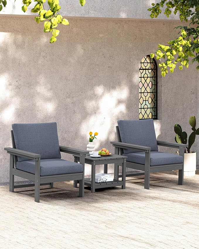 SERWALL HDPE Patio Sofa Set, 3-piece Sectional Outdoor Furniture Set, All Weather Outdoor Couch Set Patio Furniture Set for Deck, Lawn, Grey Frame with Grey Cushion SERWALL