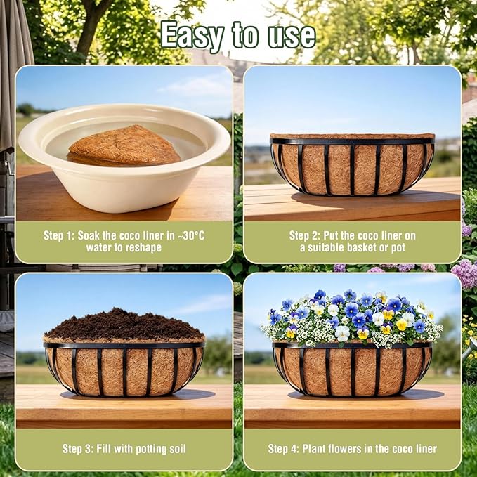 2 Pcs 36 Inch Trough Coco Liner for Window Box, 100% Natural Half Moon Coconut Coir Planter, Replaceable Coconut Fiber Liner for Window Boxes & Fence Flower Baskets (2, 36 inch) Rootora