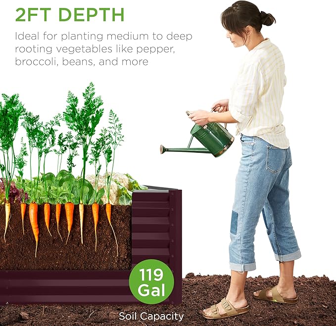 Best Choice Products 4x2x2ft Outdoor Metal Raised Garden Bed, Deep Root Box Planter for Vegetables, Flowers, Herbs, 119 Gallon Capacity, 100% Non Toxic Materials - Burgundy BestChoiceProducts