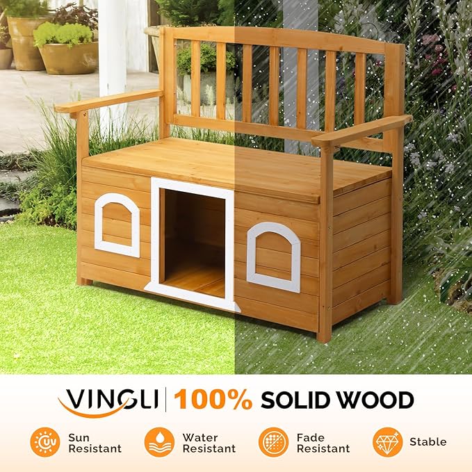 VINGLI Outdoor Storage Bench with Built-in Dog House, 2-in-1 Outdoor Waterproof Patio Bench with Pet Kennel for Patio Backyard Porch (Natural) VINGLI
