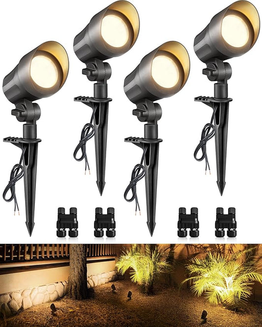 SUNVIE 6W Low Voltage Landscape Lighting LED Landscaping Lights Warm White Low Voltage Lighting Waterproof Landscape Spotlights with Connectors Spot Lights Outdoor for Tree Wall Pathway Yard, 4 Pack SUNVIE