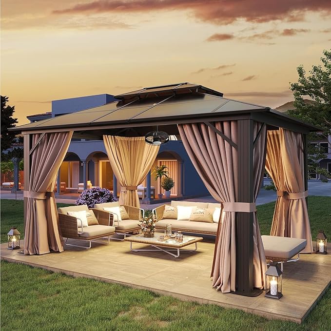 Aoxun 10'x12' Hardtop Gazebo, Aluminum Frame Permanent Pavilion with Netting and Curtains, Outdoor Polycarbonate Double Roof Canopy with Ceiling Fan, Designed for Lawn, Garden, Patio, Brown Aoxun
